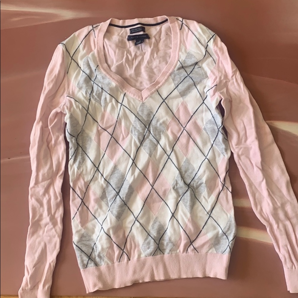 Tommy Hilfiger Vneck pink plaid sweater.